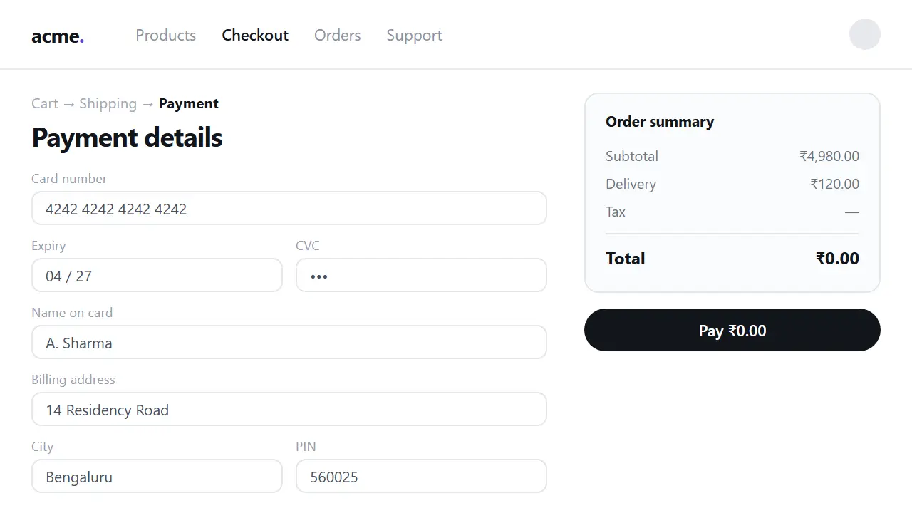 The page being recorded: an Acme checkout form, with the order summary reading Subtotal ₹4,980.00, Delivery ₹120.00, Tax blank, Total ₹0.00, above a Pay ₹0.00 button.